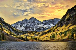 Stylized image of mountains and a lake.