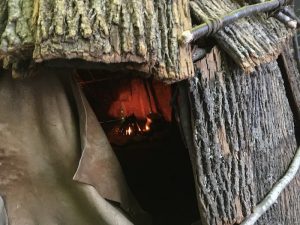 In-game: A view through the entry way of a wigwam. There is a fire burning inside of it.