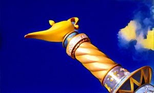 The genie lamp from Aladdin high up on a pedistal.