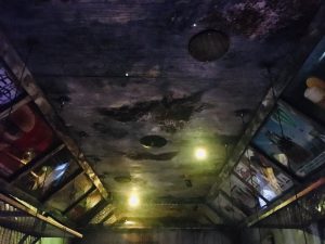 In-game: The ceiling of an old, worn subway car.