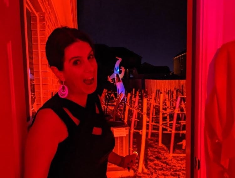 Sarah with a maze and a ghost behind her.