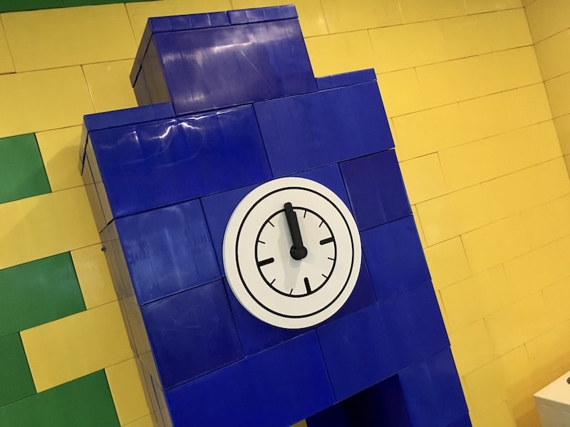 In-game: A clock built from giant legos.
