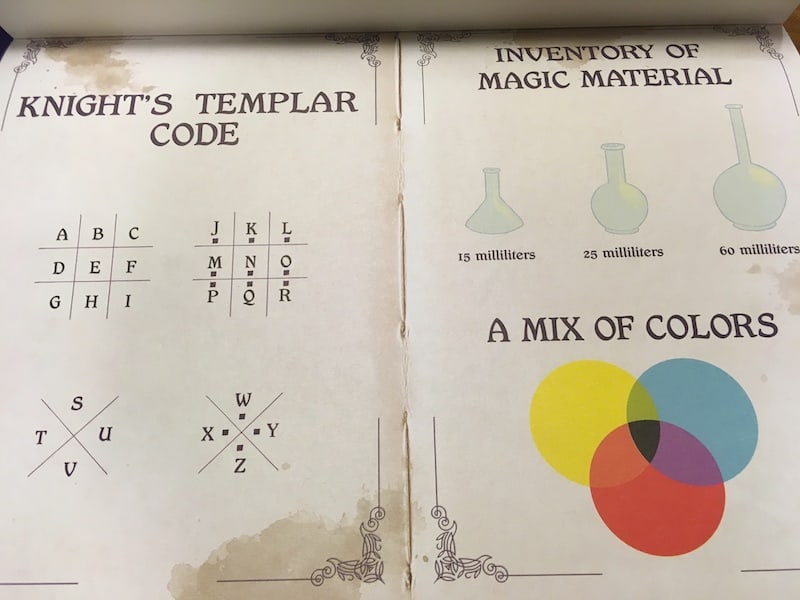A guide book with a Knight's Templar Code key, magcal flask volumes, and a color mixing chart in CMY.