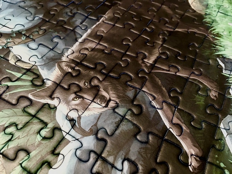 Portion of the puzzle - a closeup of a wolf emerging from a cave.