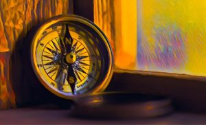 Stylized image of a compass leaning against a window sill