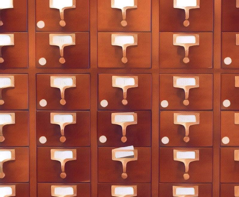 Closeup of a library card catalog