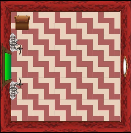 An overhead view of a gridded floor within a room. The door is flanked by knights.