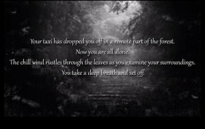 Story text reads, "Your taxi has dropped you off in a remote part of the forest. Now you are all alone. The chill wind rustles through the leaves as you examine your surroundings. You take a deep beath and set off.