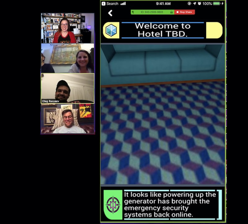 4 players looking at the welcome screen fot he TBD Hotel.