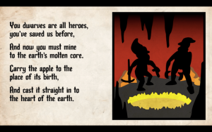 Art of 2 dwarves beside a molten hole. Text explains that the dwarves need to cast the apple into the earth's molten core."