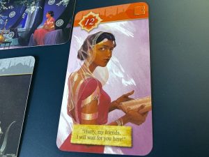 Closeup of the Scheherazade card. She implores you to "Hurry, my friends, I will wait for you here!"