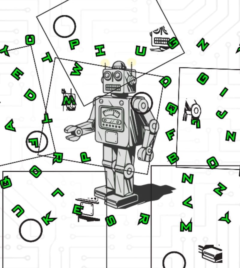 In-game: A robot surrounded by letters.