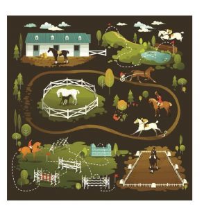 Art of horses in various places that people take horses.