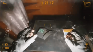 First person view view of hands reaching for something on a desk.