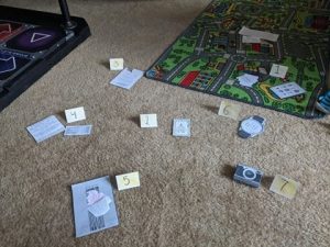 Evidence setup and numbed on a floor, beside a DDR pad.