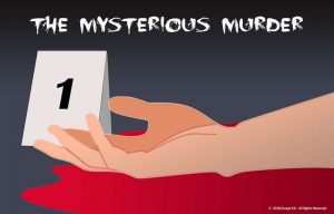 Illustration of a hand in a pool of blood with a #1 evidence card beside it.