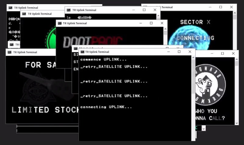 An assortment of strange popups and a terminal attempting a staelite uplink.
