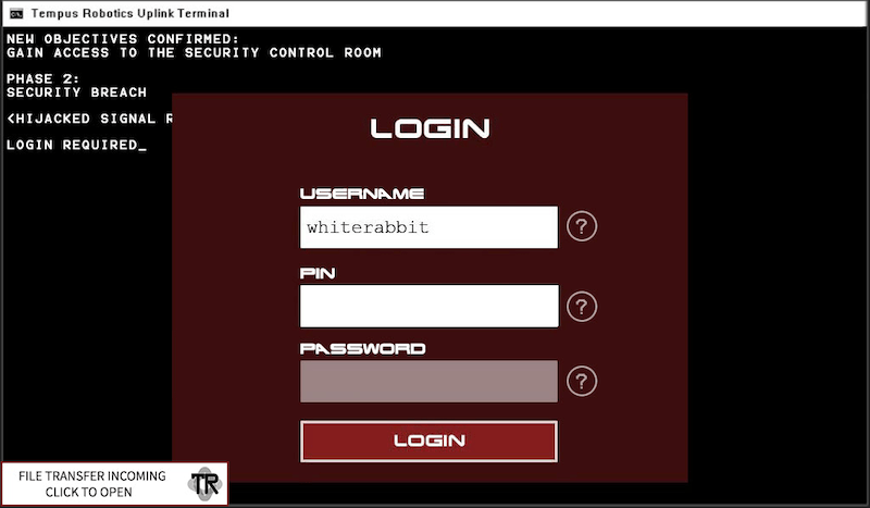 Red login screen with the username field filled in, "White Rabbit."