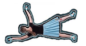 Outline of a young woman laying face down, something looks stuck in the back of her leg.