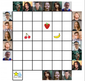 A puzzle grid surrounded by faces of suspects. In the grid are a strawberry, cherries, and a banana.