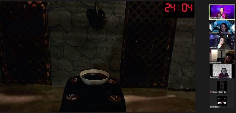 Zoom view of a castle-like set. There is a bowl that appears to be filled with blood in the cnter of the room.
