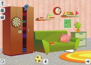 A cartoonish looking digital escape room set in a living room with toys and books strewn about.