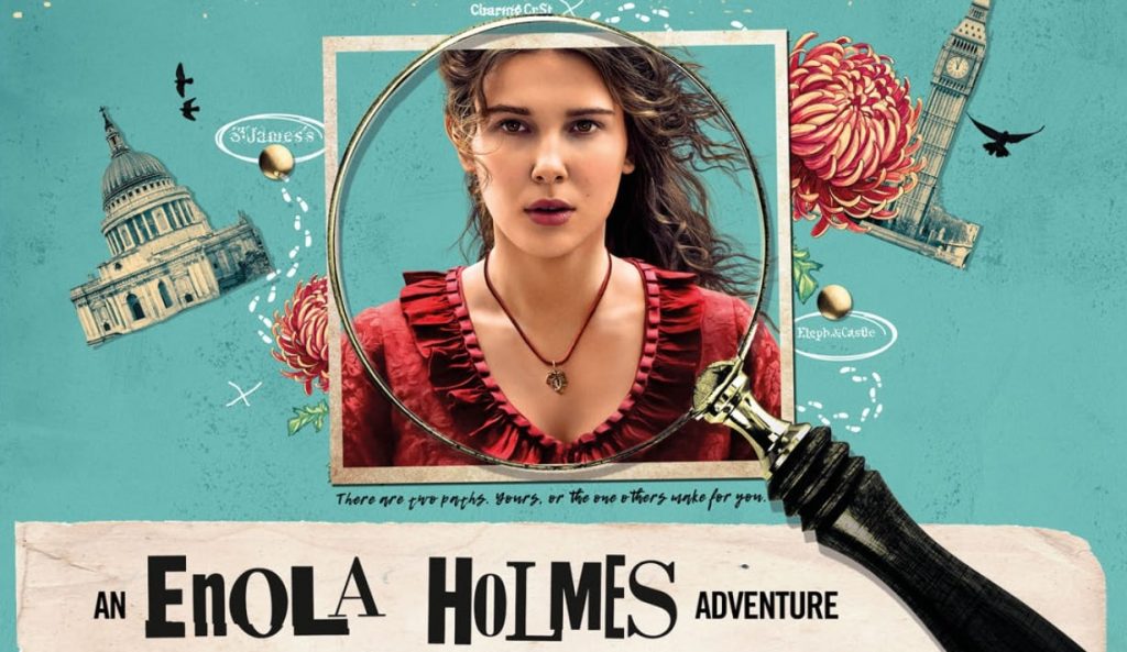 An Enola Holmes Adventure depicting the main character behind a magnifying glass.