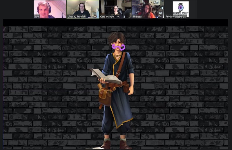 An illustrated young wizard looking character holding a book and appeas to have a purpl mustache grawn on his face.