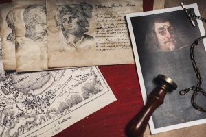 Drawins, maps, paintings, and a wax sealing stamp.