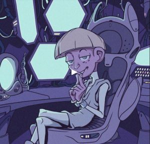 A maniacal looking person sitting in a futuristic chair in front of a smiliarly complex computer and screen setup.