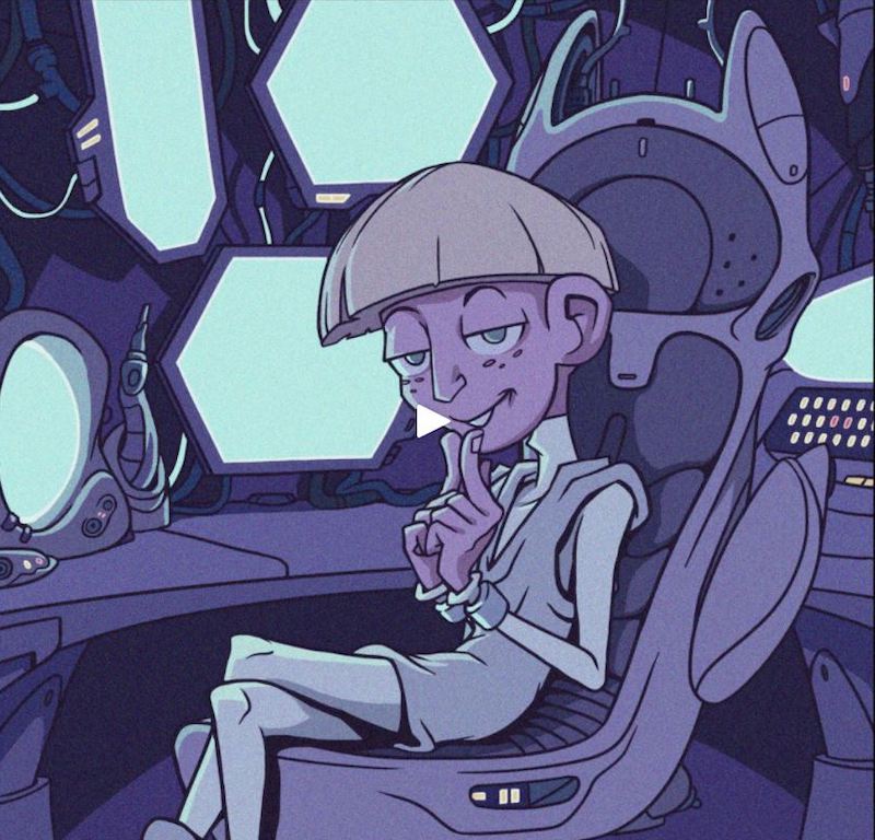 A maniacal looking person sitting in a futuristic chair in front of a smiliarly complex computer and screen setup.