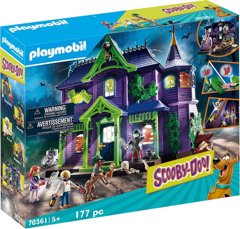 A purple and green haunted house playset with Scooby-Doo Playmobile characters. 