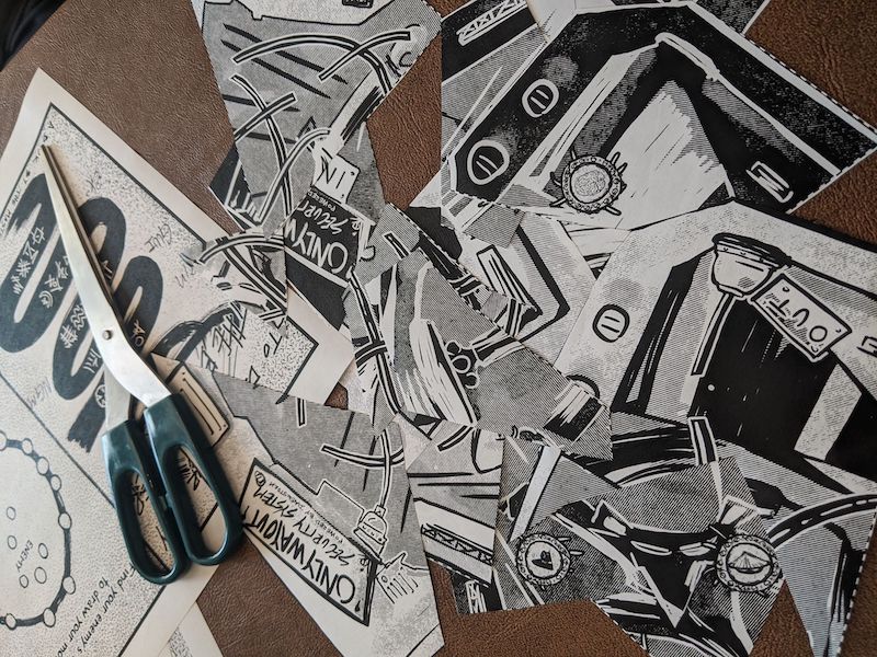 Cut up pages and a scissor.