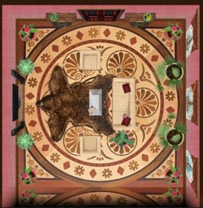 Overhead view of a study with a large bear skin rug.