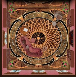 Overhead view of an ornate lounge with intriacate woodwork in the floor.