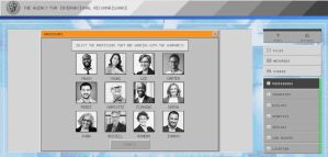 An old looking black and white digital interface with photos and names of professors.
