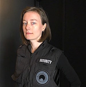 Sarah Willson in a security jacket at SCRAP's Mummy game.