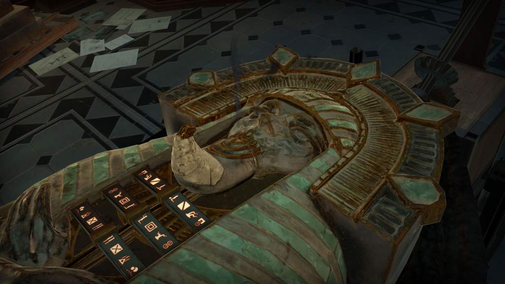 VR: an Egyptian sarcophagus with a puzzle on its chest.