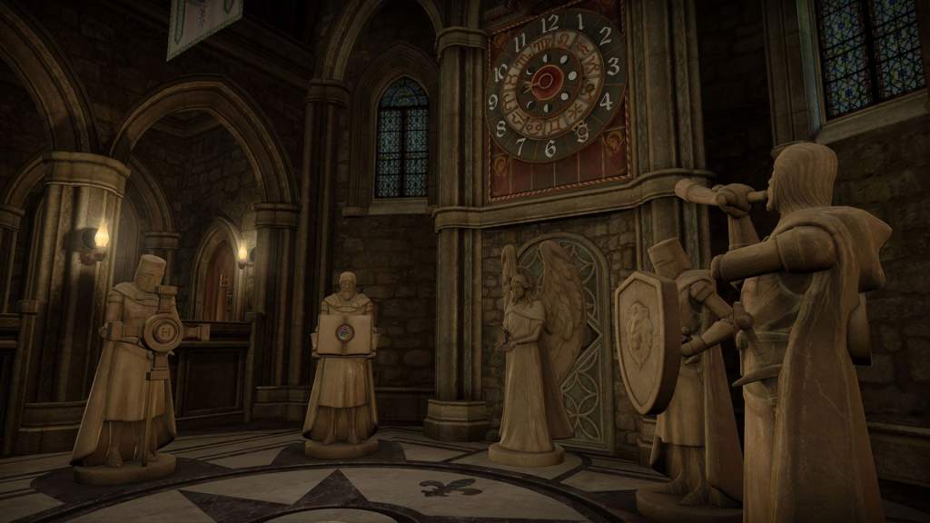 VR: a room in an imposing chapel with a large clock and several medival statues.