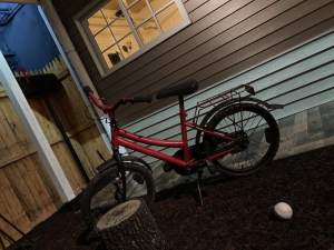 In-game: A bike, a baseball, and a mailbox in a mulched yard.