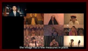 A 3x3 video call tile with 9 different characters and a narrator off to the side. The image is captioned, "the village has a few measures in place."