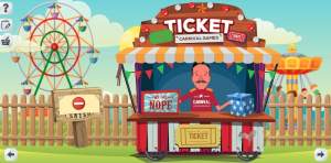An illustration of a ticket booth at a carnival. Rides are in the background.