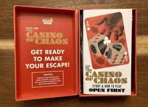 Escape From the Casino of Chaos box opened, instructions on display.