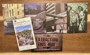 Escape From Dead Town puzzle envelopes depict a pharmacy, quarantine zone, hospital, a group of fenced in zombies, a town map, and an extraction point.