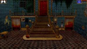 Haunted foyer of the Amberly Manor point & click puzzle game. The cursor is a skeletal hand.
