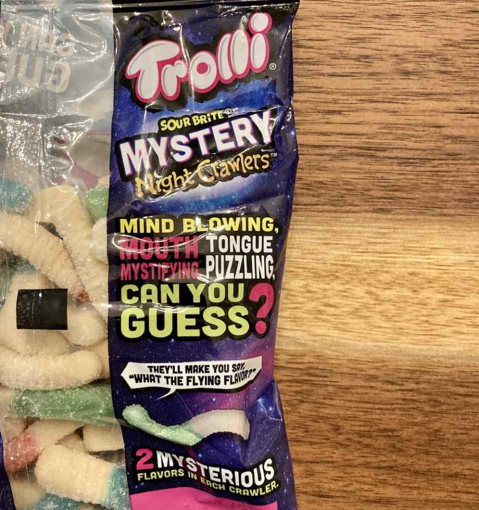 Back of packaging asks if you can guess? Two flavors per worm.