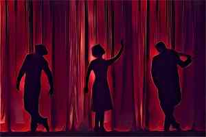 Silhouettes of three performers on stage seen through a red curtain.