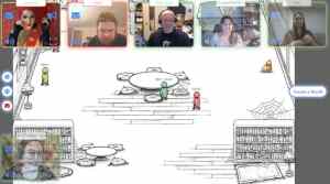 The Thickett virtual world with hand illustrated black & white landscapes and mono-colored faceless figures. It's very cute.