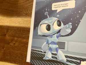 Dooze the robot pointing confidently, saying, "We'll be stronger together! Attack!"