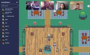 Virtual world in Gather. A central meeting place with the Room Escape Artist logo and many character avatars.